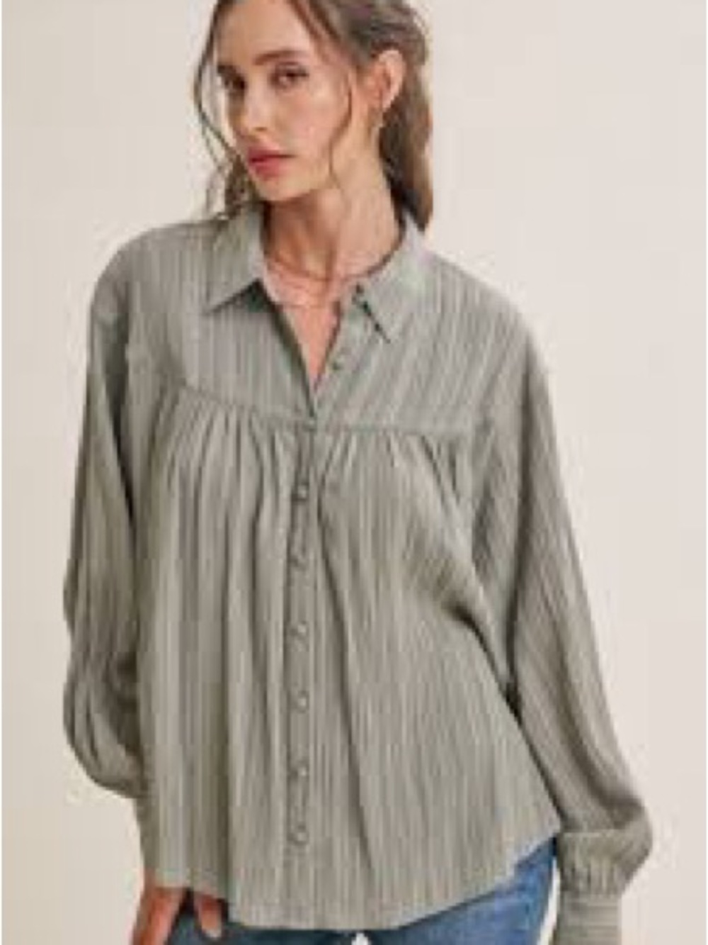In February Olive Grove Crinkle Balloon Sleeve Button Down Shirt - NWT